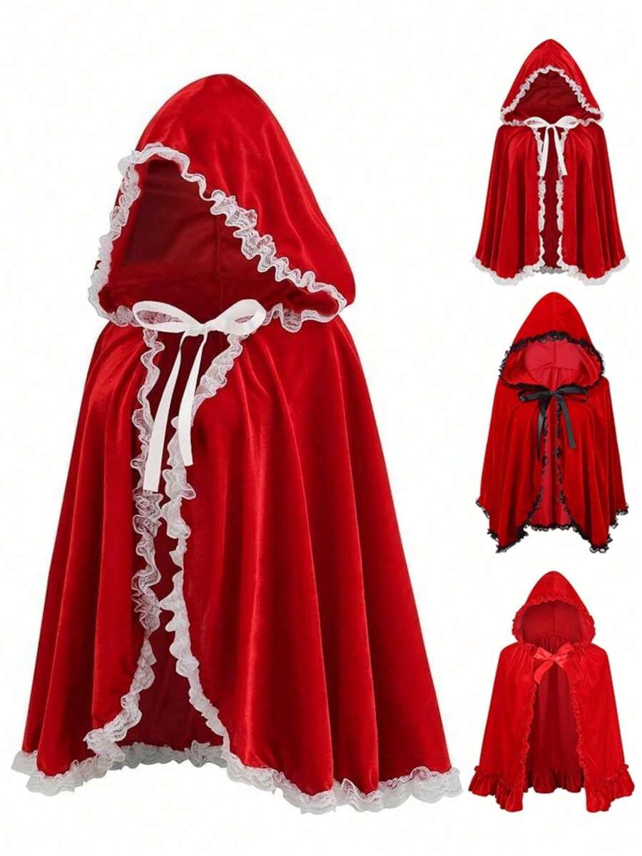 1pc Red Hooded Cape With Black Lace Trim, Little Red Riding Hood Costume, For Halloween Cosplay, Gothic Outfit, Carnival, Masquerade, Christmas Party And Stage Performance - Multicolor - View 1