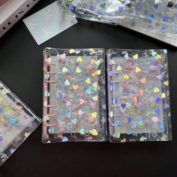 A6 Size Colorful Heart Pattern Portable Loose-Leaf Binder, Sticker Storage Book, Planner, Transparent Sticker Album, Photo Storage Bag, Loose-Leaf Binder, Photo Album, Card Holder, Poster, Savings Storage Book, Stickers, Budget Planner, Household Account Book, Fan Activity Merchandise, Diary, Notebook, Stationery, Office Supplies, School Supplies, Back To School