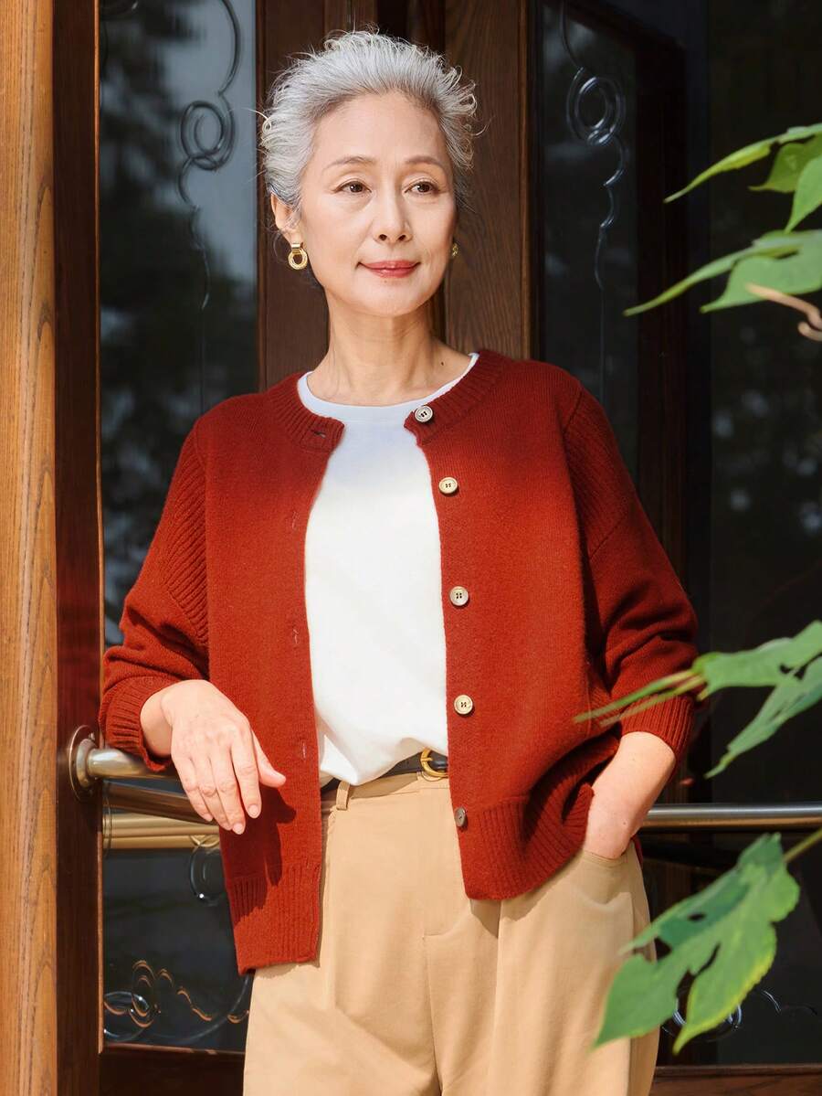 女款舒適紅色鈕扣開襟針織外套,優雅圓領羊毛毛衣,適合萬聖節、感恩節、聖誕節假期穿搭 - 紅色 - 查看 1