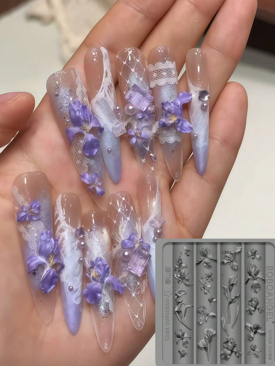 鳶尾花、馬蹄蓮、牡丹、多款玫瑰花高透明矽膠美甲模具 - 無色 - 查看 1