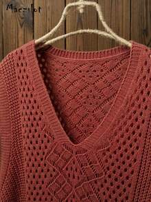Plus Size Women's Casual Versatile Hollow Diamond Pattern Vest, Loose V-Neck Mid-Length Layering Sleeveless Tank Top, Spring/Autumn Vacation - Coral Orange - View 3