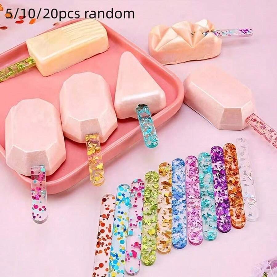 5/10/20pcs Random Reusable Transparent Acrylic Popsicle Sticks - Clear Ice Cream Sticks, Suitable For Homemade Popsicles, Ice Pops, Cakes, Candies And Crafts - Smooth Surface - Perfect Summer Cooling Tool For Home, Outdoor And Kitchen!