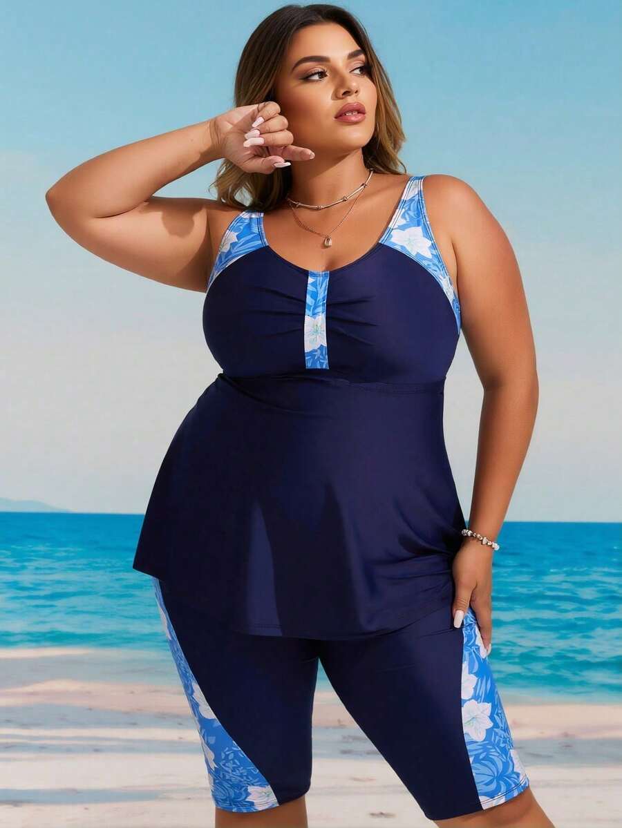 Plus Size Navy Blue Floral Print Panel Tankini Set With Knee Length Shorts - Multicolor - View 1