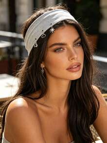 1Pc Women's Wide Elastic Knit Headband, Star Sun Heart Pendant Decoration, Minimalist Sport Yoga Headband, Suitable For Daily/Fitness/Streetwear - Multicolor - View 3