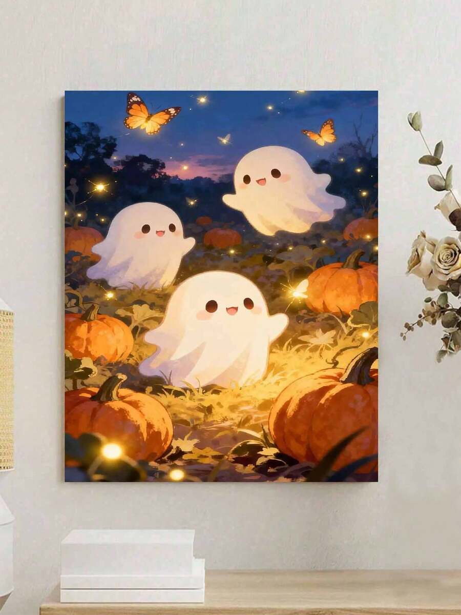 Pintura por números DIY en lienzo con calabazas y fantasmas lindos de Halloween, decoración para el hogar para adultos, regalo festivo hecho a mano - Conjuntos - Ver 1