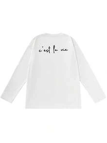 C'est La Vie French Handwritten Loose Long Sleeve T-Shirt Men Spring/Autumn White Minimalist Commuter Base Layer - White - View 6
