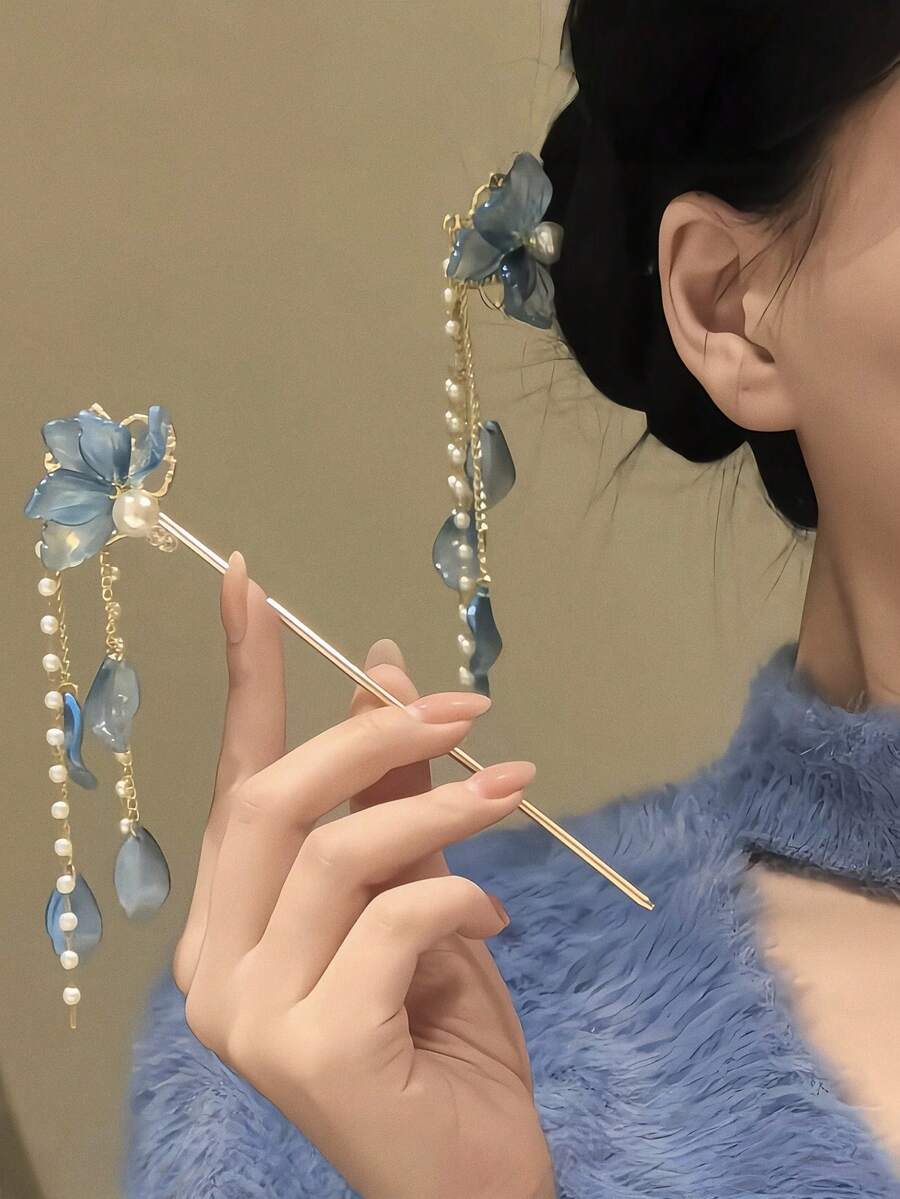 1pc New New Blue Petal Tassel Hairpin Pearl Disk Hairpin Hair Accessories Headpiece - Multicolor - View 1