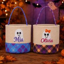Personalized Halloween Candy Basket, Custom Trick Or Treat Tote Bag, Kids Pumpkin Bucket, Soft Rope Halloween Basket, Embroidered Name Gift - Multicolor - View 8