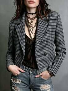 Women's Houndstooth Check Woven Fabric Blazer With Lapel Collar And Long Regular Sleeves, Perfect For Fall Fashion - Dark Grey - View 8