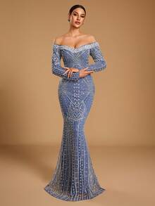 GIFORU Haze Blue Off-Shoulder Pearl Beaded Long Sleeve Mermaid Evening Gown, Butterfly Wing Radial Sequin Rhinestone Embroidery Fitted Slimming Fall Wedding - Dusty Blue - View 6