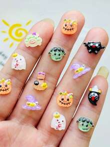 100pcs Halloween Gothic Style Pumpkin Head, Bat, Magic Hat Nail Art Charms, Random Styles, Suitable For DIY Nail Art, Scrapbook Decoration, Facial Expression Features, Jewelry Making, Perfect For Nail Art And Creative Projects - Multicolor - View 3