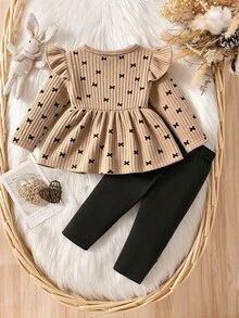 Baby Girl Bow Print Crew Neck Long Sleeve Top And Leggings - Khaki - View 3