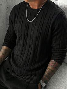 Men's Spring/Autumn Solid Color Casual Versatile Fashion Cable Knit Crew Neck Long Sleeve Sweater - Black - View 1