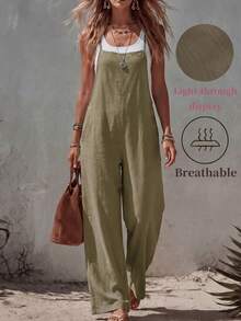 Women's Long Jumpsuit, Sleeveless Spaghetti Strap Design, Button And Pocket Details, Fashionable Casual Jumpsuit Summer Elegant - Coffee Brown - View 1