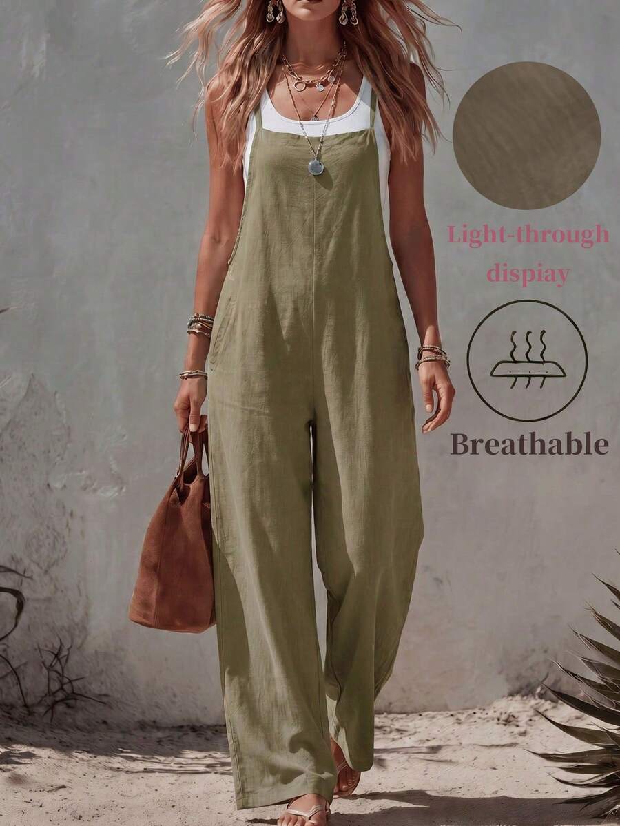 Women's Long Jumpsuit, Sleeveless Spaghetti Strap Design, Button And Pocket Details, Fashionable Casual Jumpsuit Summer Elegant - Coffee Brown - View 1