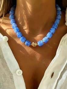 1pc Vintage French Elegant Fashion Hip Hop Bohemian Vacation Style Dopamine Blue Resin Acrylic Irregular Oval Square Beaded Minimalist Adjustable Necklace Set, Personalized Exaggerated Unique Y2K Layered Y-Chain Collarbone Chain Sweater Chain, Suitable For Women Summer Beach Vacation Party Evening Dinner Music Festival Date Gift Daily Wear All Seasons Versatile Jewelry - Blue - View 1