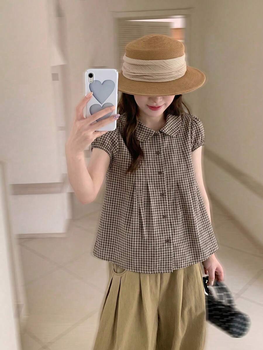 少女風深紅色格紋彼得潘領襯衫女式夏季上衣 - 卡其色 - 查看 1