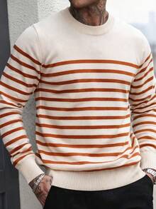 SU ER 1pc Men's Casual Striped Knit Sweater, Autumn/Winter - Burnt Orange - View 4