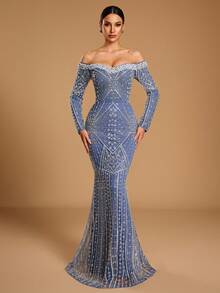 GIFORU Haze Blue Off-Shoulder Pearl Beaded Long Sleeve Mermaid Evening Gown, Butterfly Wing Radial Sequin Rhinestone Embroidery Fitted Slimming Fall Wedding - Dusty Blue - View 5