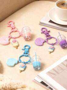 1pc Cute Cookie Ice Cream Pearl Milk Tea Keychain Set, Pink Sweet Girl Style Pendant, Handbag Decoration For Girls And Girl, Friendship Gift Jewelry - A - View 3