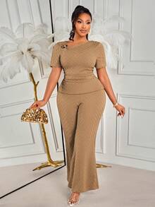 BIUBIU Stylish Plus Size 2 Pieces Outfits For Women Round Neck Short Sleeve Top With Ruched Waist And Wide Leg Pants, Medium Stretch For Comfort Elegant - Brownish Color - View 5