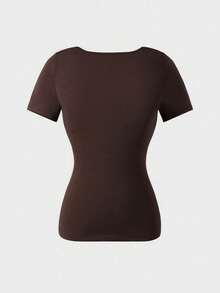 Casual Elegant Short Sleeve Crew Neck Top, Suitable For Daily, Commuting, Going Out, Spring/Summer - Coffee Brown - View 7