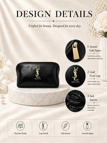 YSL Libre Black Makeup Bag 20*10cm, Glossy Leather With Gold Logo, Smooth Zipper, Large Capacity, Perfect For Travel And Makeup Storage, Ideal As A Gift. - Black - View 6