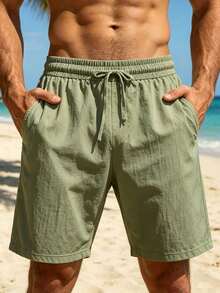 2pcs/Pack Men's Lightweight Breathable Linen Casual Shorts, Elastic Waist 5-Point Pants, Suitable For Daily / Vacation / Sports Wear - Army Green - View 7