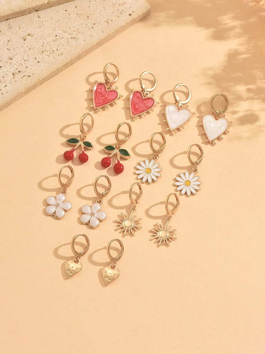 14件套夏季甜美琺瑯心形花朵櫻桃合金太陽心吊墜時尚耳環套裝,適合女孩,海灘度假日常穿搭百搭可愛耳環套裝,最佳禮物選擇 - 彩色 - 查看 1