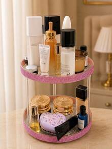 1 pieza Organizador de maquillaje multifuncional con decoración de diamantes de imitación y rotación de 360°, estante de almacenamiento de cosméticos con rotación de 360° y diamantes de imitación, organizador de tocador y cuidado de la piel de doble capa, bandeja de almacenamiento giratoria con diamantes de imitación rosa brillante y estilo femenino, organizador de escritorio de gran capacidad para cuidado de la piel, lápiz labial y maquillaje - Multicolor - Ver 10