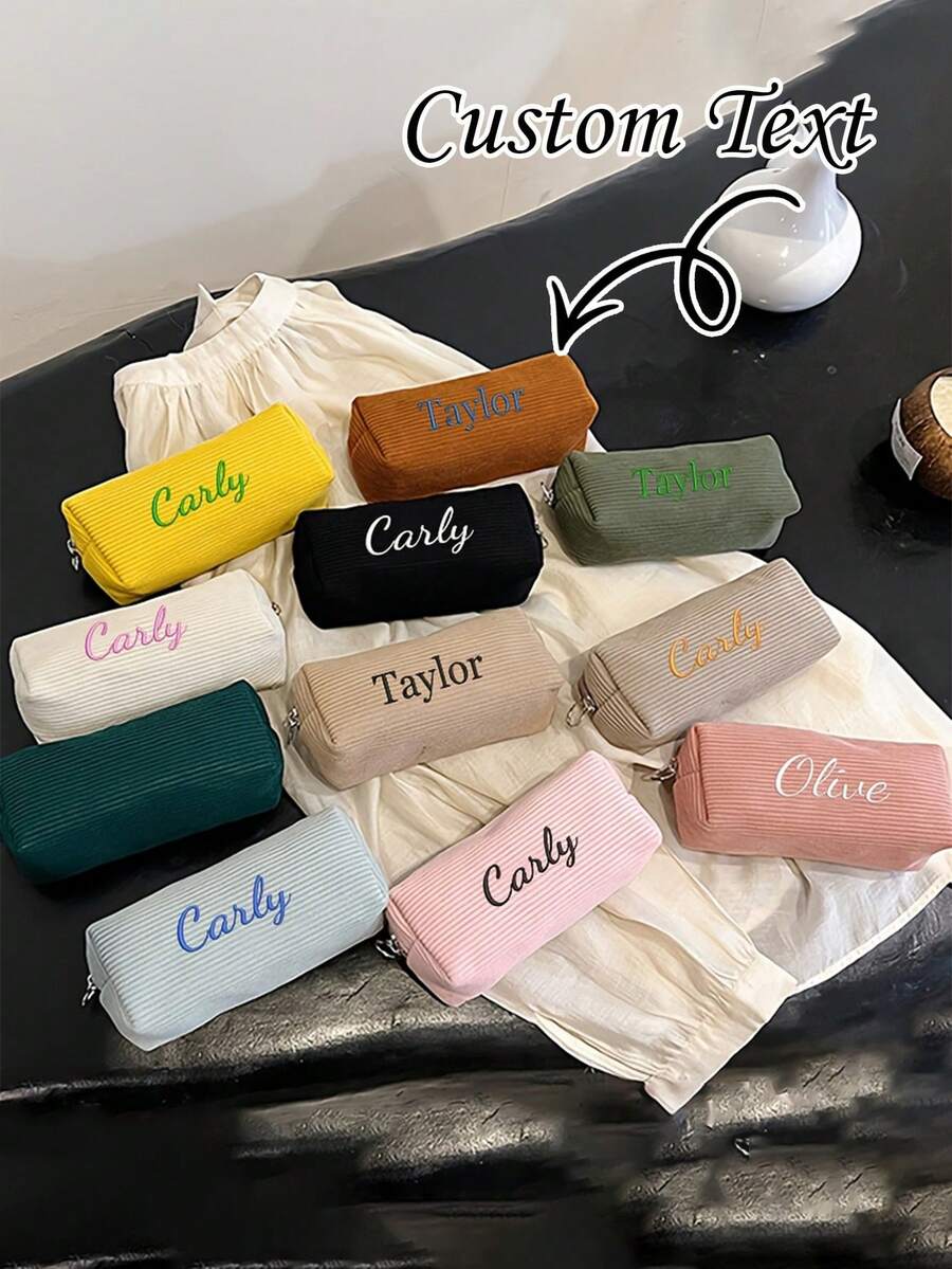 Personalized Embroidered Name Pencil Case, Pink/Purple/Beige, Large Capacity School Supplies And Cosmetics Storage Bag, Suitable For Girls, Durable Corduroy Material, Zipper Closure, Suitable For Teens, Women And Students,Back To School Season - Multicolor - View 1