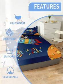2/3pcs Deep Blue Space Rocket Astronaut Planet Star Print Children's Fitted Sheet, Cool Cartoon Space Theme Style Polyester Fabric Bed Sheet, Suitable For Boys Bedroom Birthday Gift, All Season - Multicolor - View 3