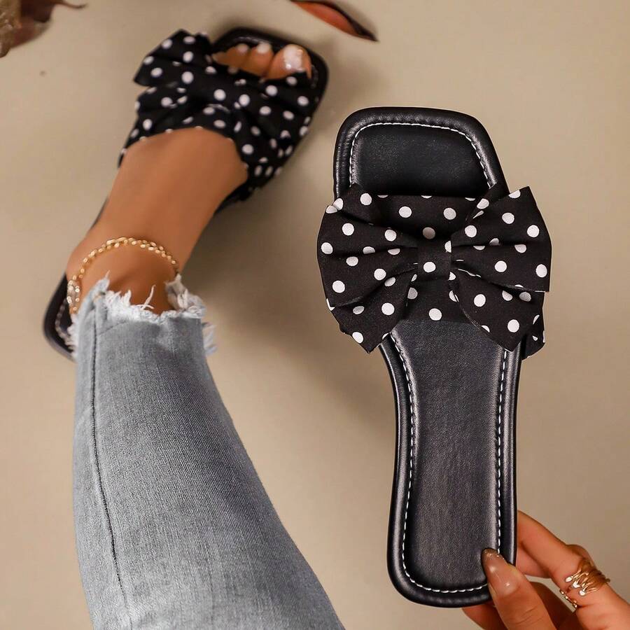 Women's Rhinestone Decor Square Toe Open Toe Flat Slip-On Slides, White Summer Casual Daily Vacation Beach Sandals - Black - View 1