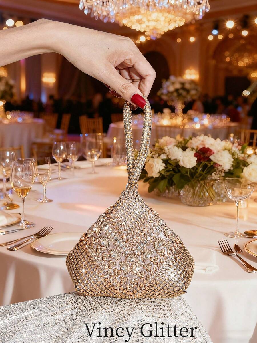 Mini Evening Bag With Rhinestone Decor, Asymmetrical Shape, Small Handbag For Party And Gathering, Lipstick Bag - Champagne - View 1