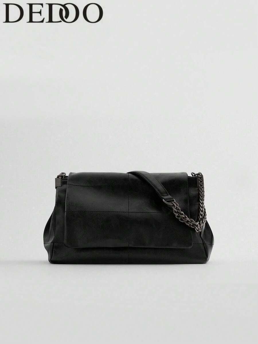 1pc Handbag Premium Selection Solid Color PU Material Fashion Clown Handbag New Black Rock Style Flap Bag Large Capacity Commuter Bag - Black - View 1