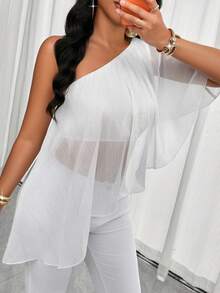AIJ Top elegante de tela tejida blanca, diseño asimétrico sin mangas de un solo hombro, estilo de moda semi-transparente para verano - blanquecino - Ver 6