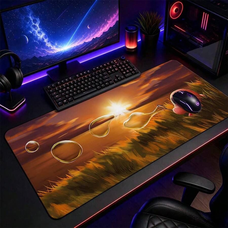 Alas Mouse Besar dengan Pemandangan Tetesan Air Transparan Ladang Gandum Saat Matahari Terbenam yang Menyejukkan, Nada Hangat Gaya Ins, Alas Meja dengan Tepi Jahitan Anti Selip, Alas Keyboard Tebal, Cocok untuk Kantor dan Bermain Game - View 1