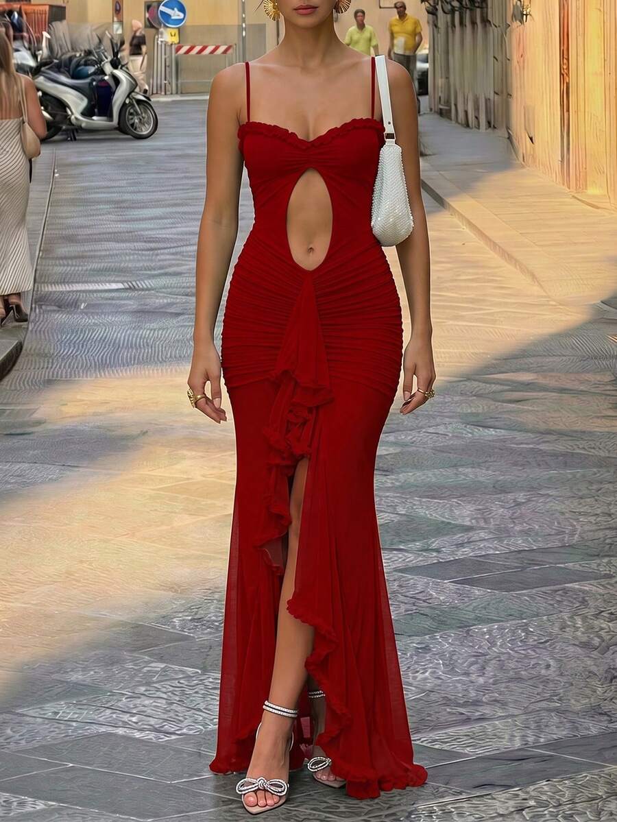 女款優雅鏤空長洋裝-網紗V領無袖婚禮賓客禮服,附百褶細節與高開衩,適合雞尾酒會、生日派對及半正式場合 - 紅色 - 查看 1