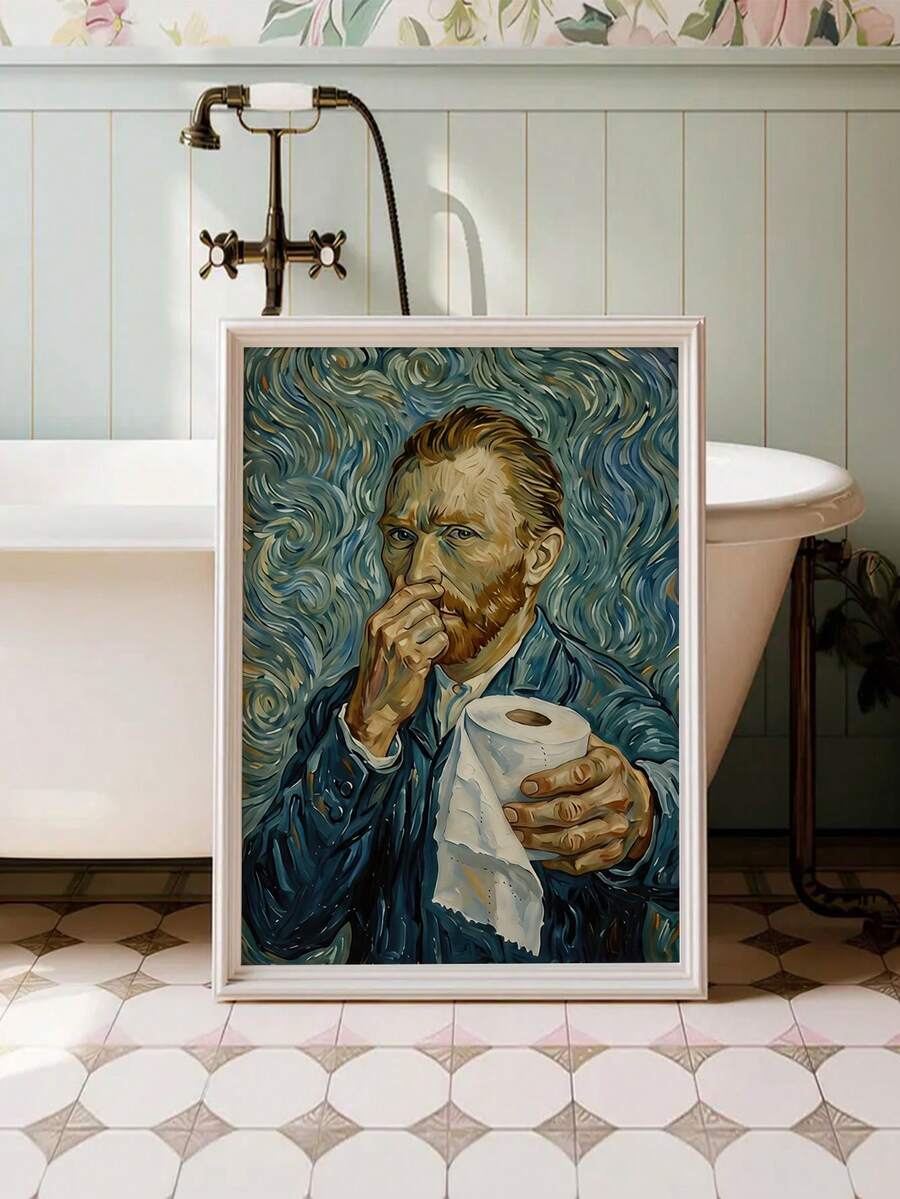 1pc 2D Flat Humorous Van Gogh Self-Portrait Toilet Paper Roll Wall Art Decor, Starry Night Style Humorous Bathroom Decor Poster, Frameless Modern Canvas Painting, Suitable For Bathroom, Toilet, Restroom, Home Decor, Bathroom Wall Decoration - Multicolor - View 1