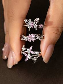 Bộ 1/3 nhẫn bướm đính đá Cubic Zirconia màu hồng cho nữ, phong cách Y2K, size điều chỉnh được, nhẫn đeo chồng cho hằng ngày, quà tặng trang sức cho cô ấy - Nhiều màu - Xem 7
