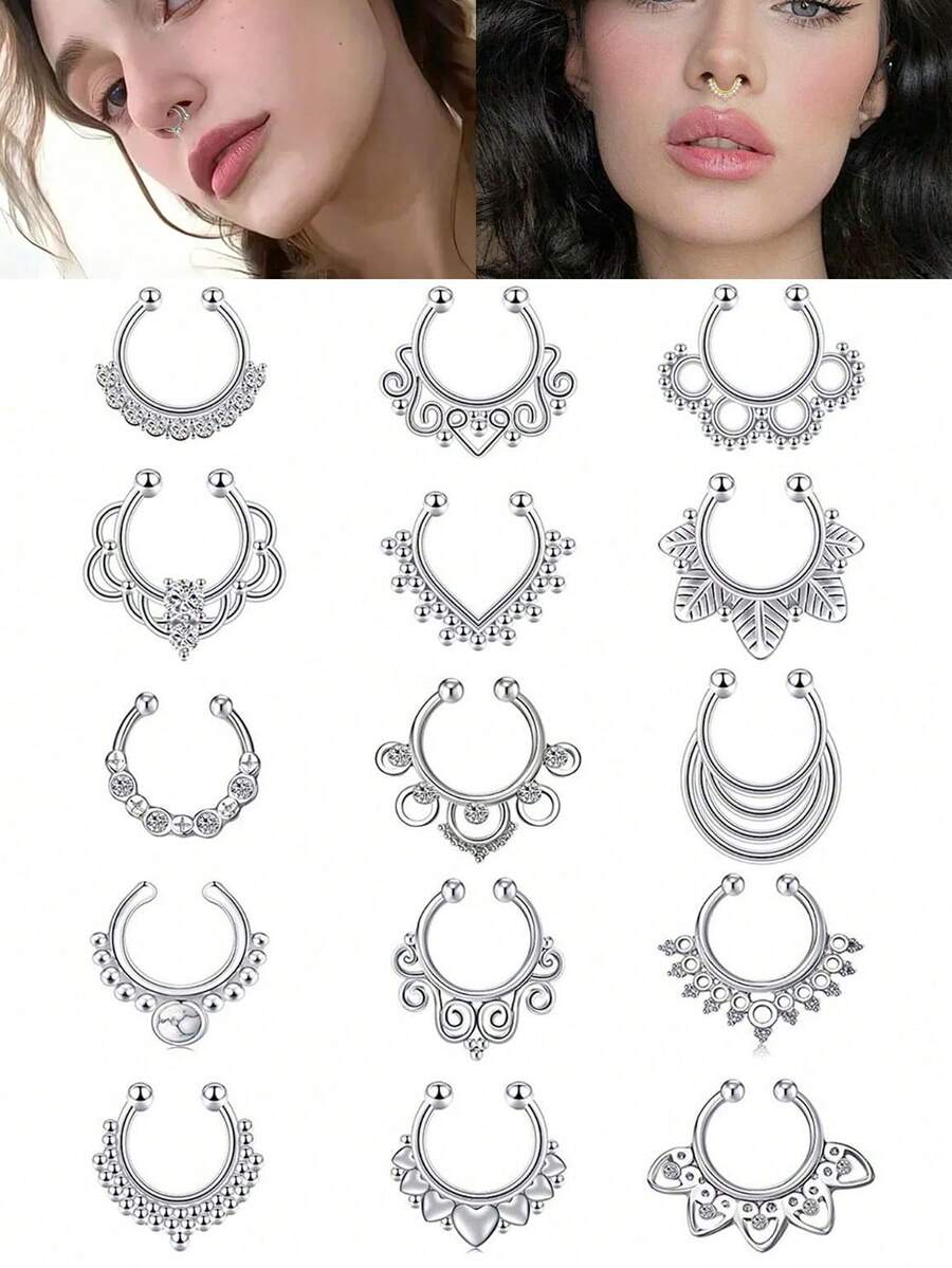 CIZME 3 piezas Anillos falsos de septum de acero inoxidable con decoración de circonita cúbica, estilo de clip para la nariz, unisex - Plateado - Ver 1