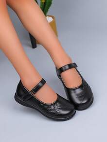 Girls' Formal Mary Jane Shoes With Butterfly Embroidery, Soft Sole, Non-Slip, School Uniform Stage Ballet Shoes - Black - View 3