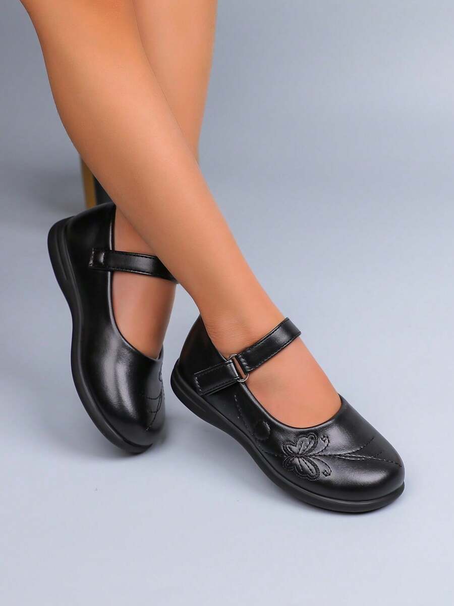 Girls' Formal Mary Jane Shoes With Butterfly Embroidery, Soft Sole, Non-Slip, School Uniform Stage Ballet Shoes - Black - View 1