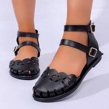 Vintage Hollow Toe Women's Flat Sandals, Solid Color Faux Leather Upper, Double Buckle Heel Strap, Casual Vacation, Lightweight And Breathable - Black Buckle - View 11