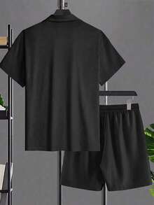 Plus Size Solid Color Men's Summer Short Sleeve Polo 2 Pieces Set, Men's Plus Size Outfit - Black - View 3