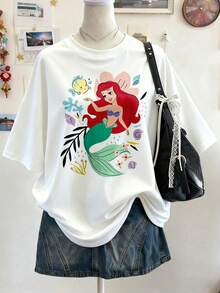 Disney Princess Ariel T-Shirt, Women's Casual Cotton Round Neck Short Sleeve T-Shirt With Mermaid Graphic Print, Regular Fit, Disneyland, Summer Tops - 白色 - 查看 1