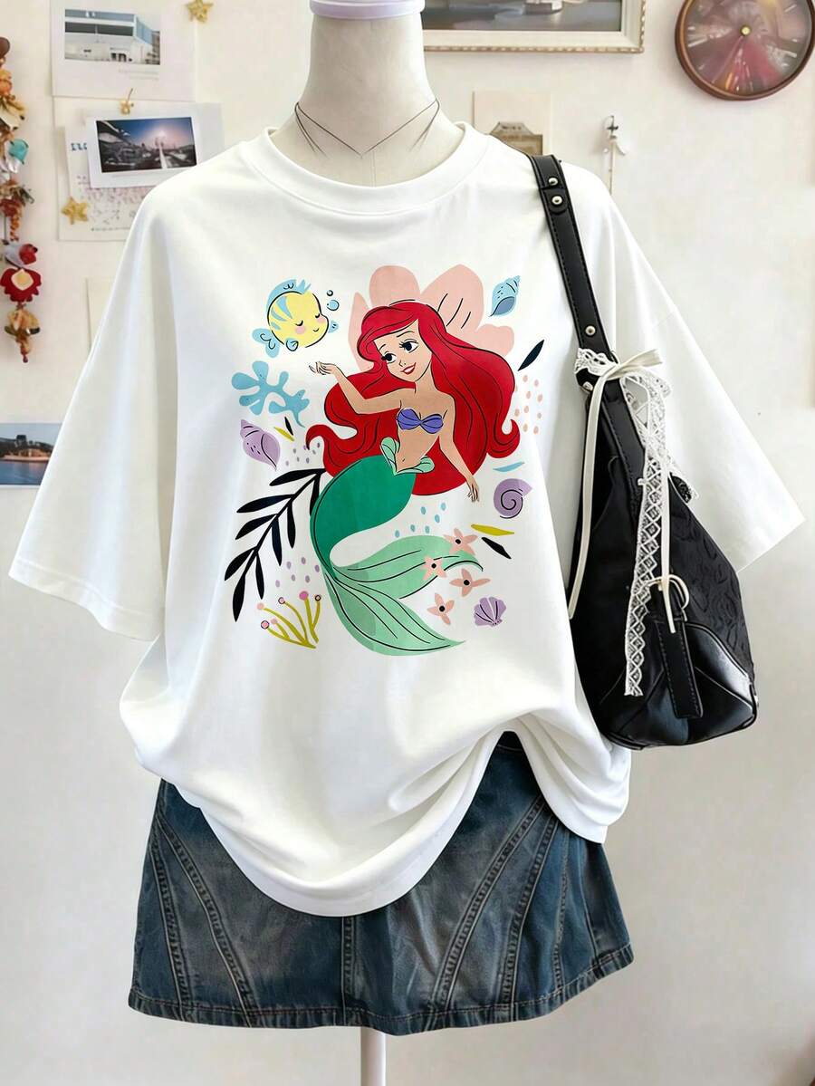 Disney Princess Ariel T-Shirt, Women's Casual Cotton Round Neck Short Sleeve T-Shirt With Mermaid Graphic Print, Regular Fit, Disneyland, Summer Tops - 白色 - 查看 1