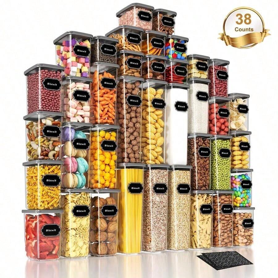 76 Storage Boxes, Sealed Kitchen Storage Containers With Lids, Used For Storing And Sorting Cereal Powder, Coffee, Popcorn, Sugar, Food Sets, Including 38 Lids And 38 Cans, For Kitchen Preservation, Storage, Moisture Prevention, With Label Paper And - View 1
