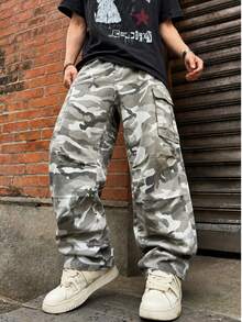 American Fashion Versatile Retro White & Grey Camo Denim Jeans With Large Pockets Straight Leg Cargo Pants Cool Vibe Casual Pants - Light Grey - View 1