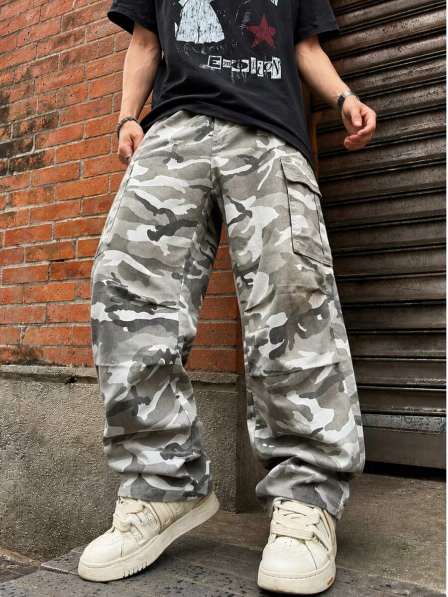 American Fashion Versatile Retro White & Grey Camo Denim Jeans With Large Pockets Straight Leg Cargo Pants Cool Vibe Casual Pants - Light Grey - View 1